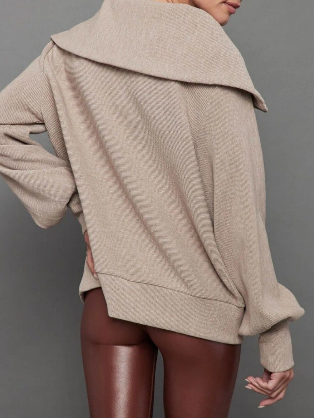 Varley Vine Half Zip Taupe Wide-Collar Ribbed Sweater